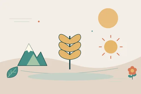 Ilustrasi vektor padi, gunung, matahari untuk topik pedesaan