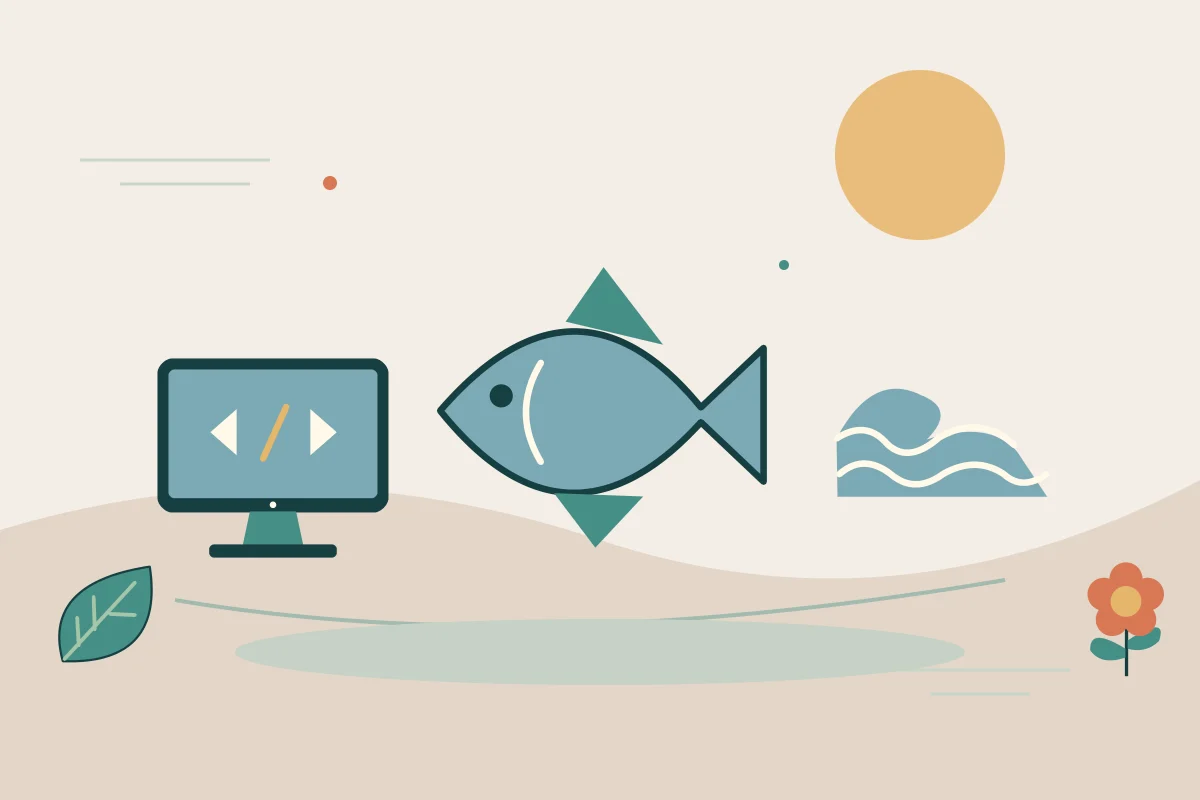 Ilustrasi vektor ikan, komputer, ombak untuk topik perikanan