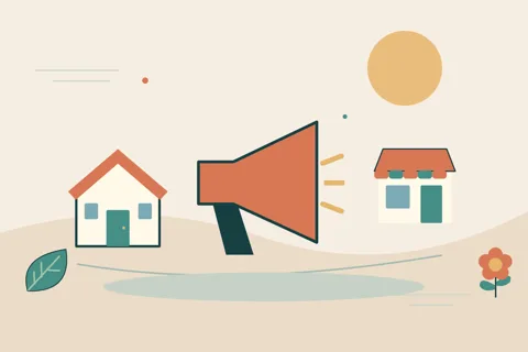 Ilustrasi vektor megafon, rumah, toko untuk topik bagian