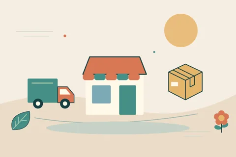 Ilustrasi vektor toko, truk, kotak untuk topik distribusi