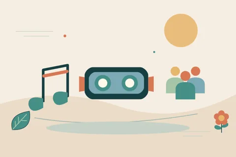 Ilustrasi vektor vr, musik, komunitas untuk topik metaverse