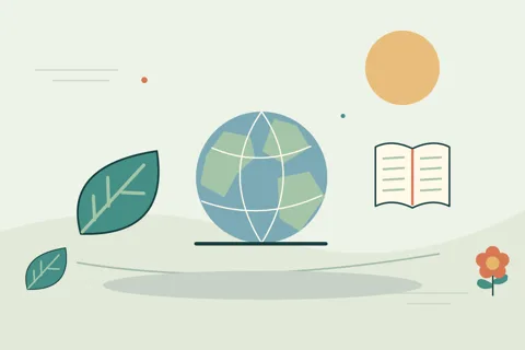 Ilustrasi vektor bumi, daun, buku untuk topik bumi