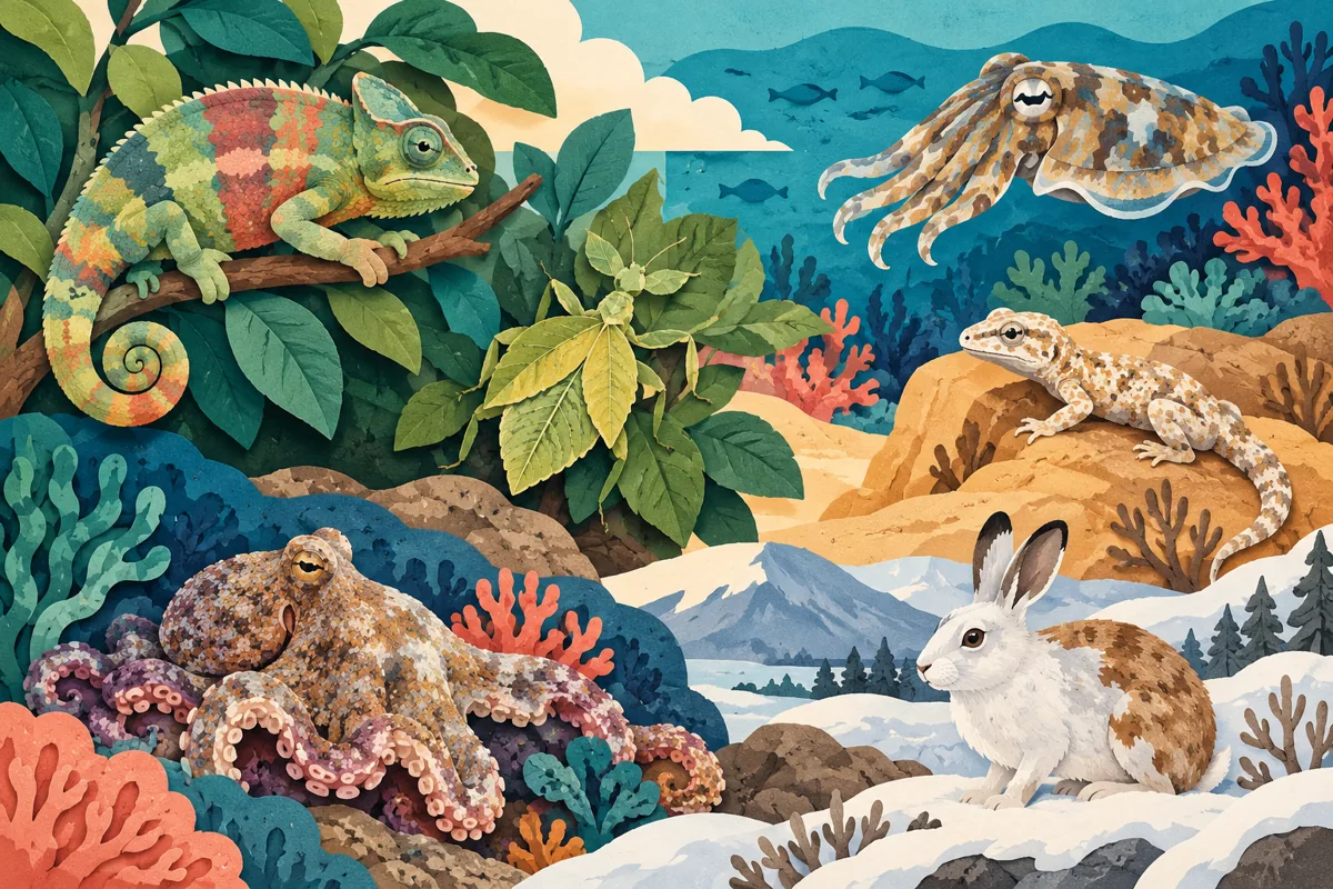 Ilustrasi topik hewan untuk artikel Hewan yang Bisa Berubah Warna: Mengenal Satwa dengan Kemampuan Adaptasi Luar Biasa Melalui Kamuflase, Komunikasi, Pertahanan Diri, dan Strategi Bertahan Hidup di Alam