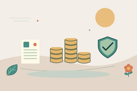 Ilustrasi vektor koin, dokumen, perisai untuk topik investor