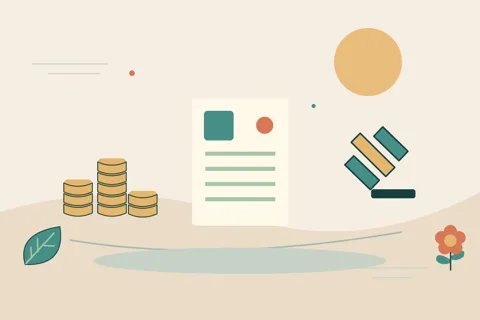 Ilustrasi vektor dokumen, koin, palu untuk topik kebijakan