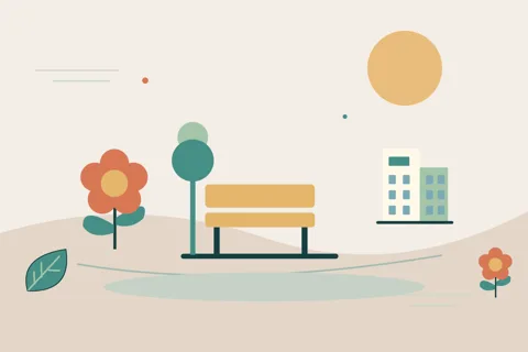 Ilustrasi vektor taman, bunga, gedung untuk topik keindahan
