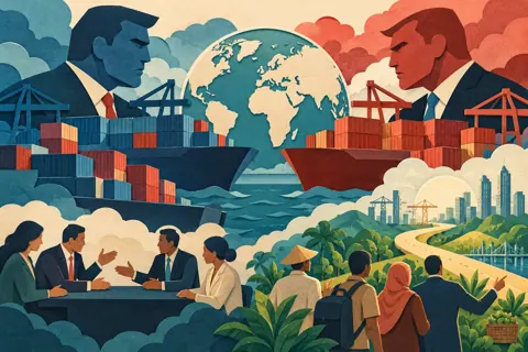 Ilustrasi topik perang dagang untuk artikel Ketegangan Perdagangan Antarnegara Besar: Analisis Dampak Ekonomi, Risiko Investasi, Strategi Negosiasi Diplomatik, dan Upaya Negara Berkembang Meminimalkan Risiko Serta Memanfaatkan Peluang di Tengah Konflik Perdagangan Global