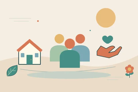 Ilustrasi vektor komunitas, rumah, bantuan untuk topik pedesaan