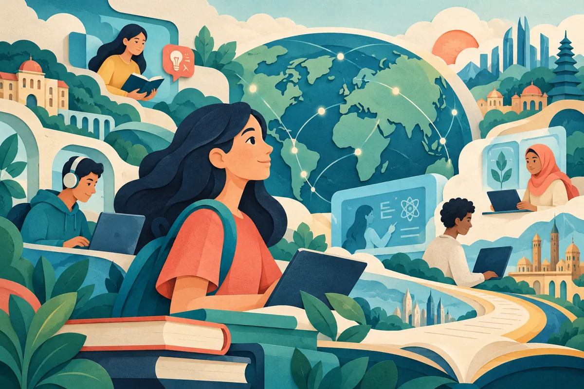 Ilustrasi topik edukasi untuk artikel Masa Depan Pendidikan Digital: Tren, Inovasi, dan Strategi Transformasi Pembelajaran di Era Teknologi, Membuka Peluang Akses Belajar Lebih Luas, Personalisasi Materi, dan Meningkatkan Efektivitas Pendidikan di Seluruh Dunia