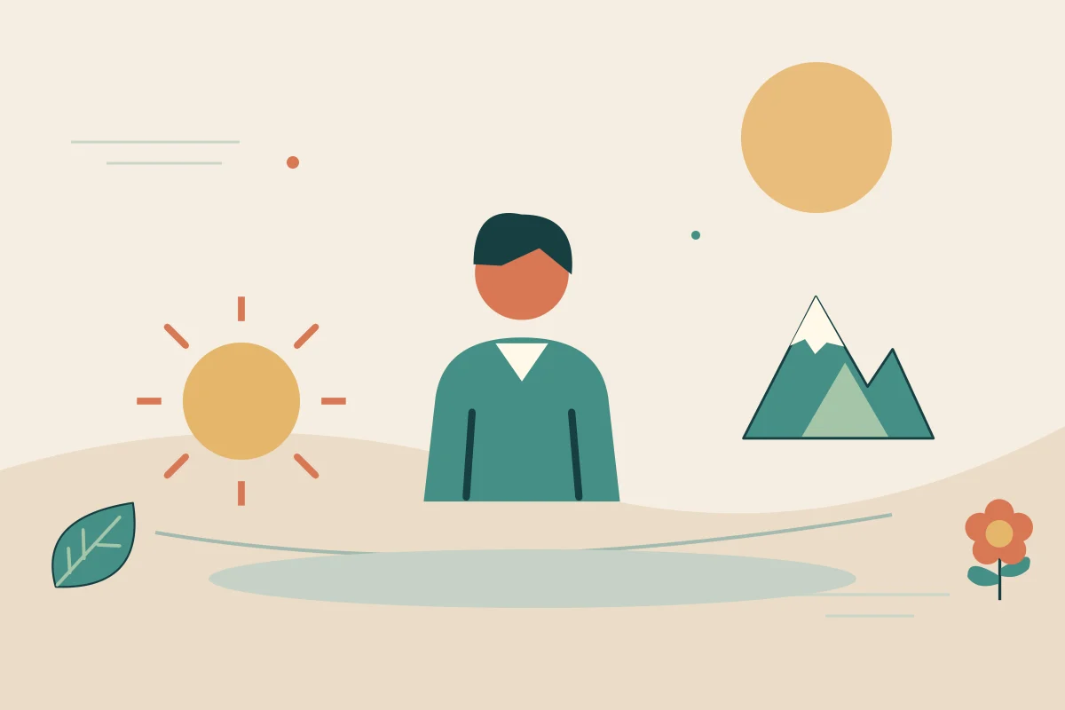 Ilustrasi vektor orang, matahari, gunung untuk topik inspirasi
