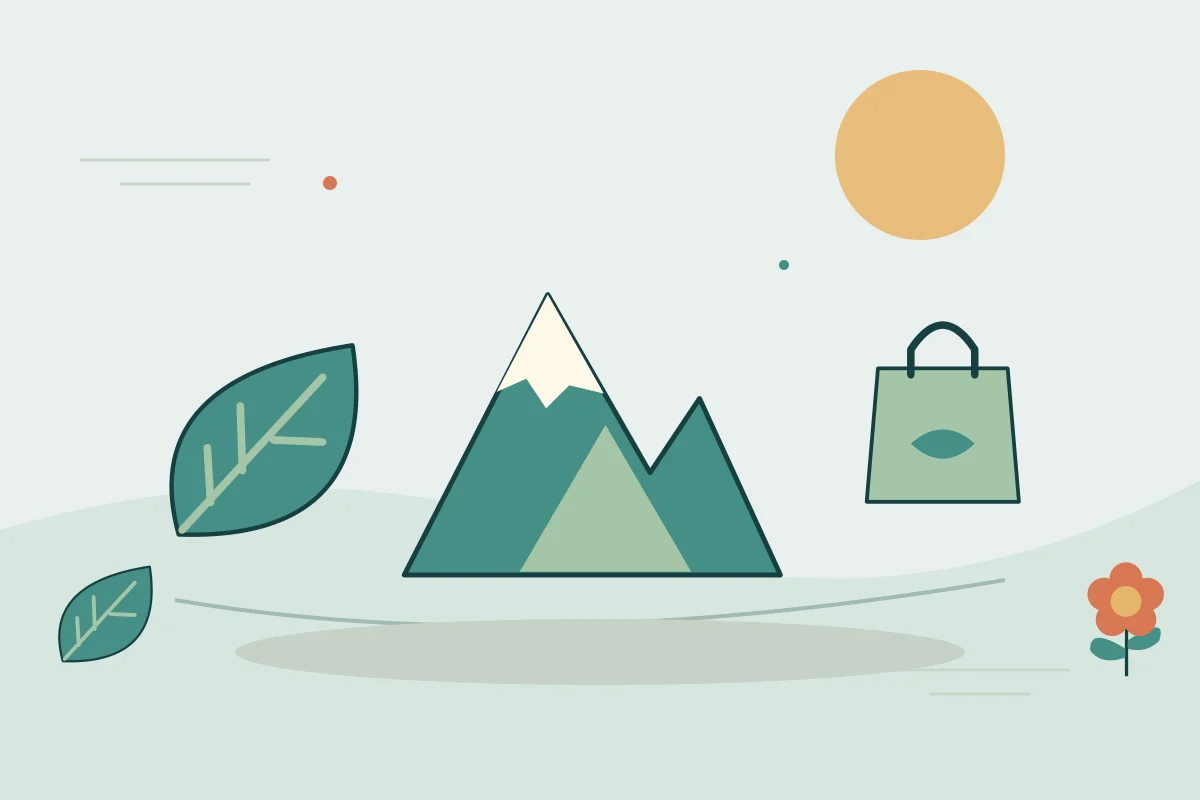 Ilustrasi vektor gunung, daun, tas untuk topik asia