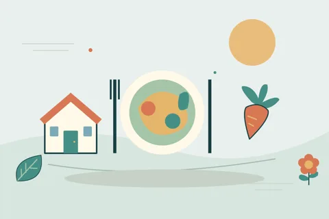 Ilustrasi vektor makanan, rumah, sayur untuk topik pengantar