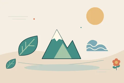 Ilustrasi vektor gunung, daun, ombak untuk topik tambang