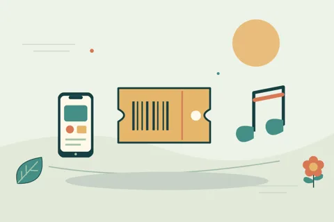 Ilustrasi vektor tiket, ponsel, musik untuk topik penjualan