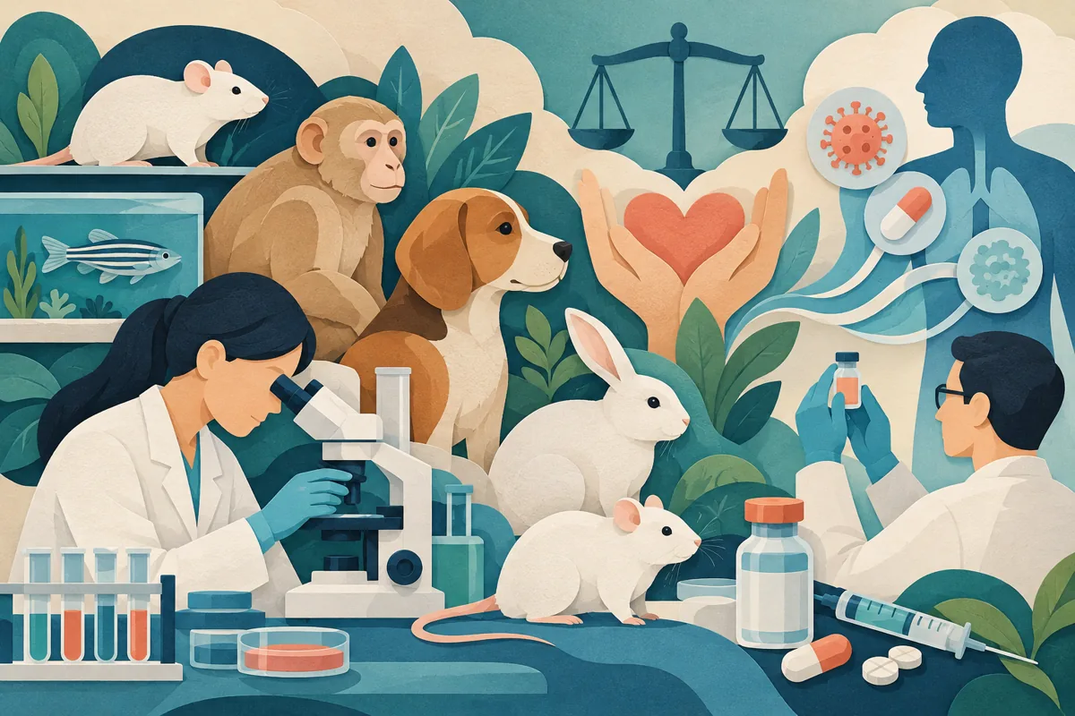 Ilustrasi topik hewan untuk artikel Peran Hewan dalam Penelitian Medis: Manfaat, Contoh Hewan Model, Etika, dan Kontribusi Terhadap Penemuan Obat, Vaksin, dan Terapi Baru untuk Kesehatan Manusia