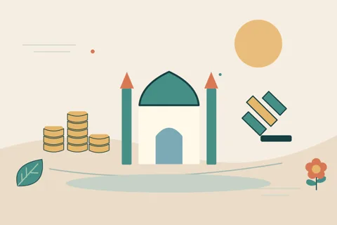 Ilustrasi vektor masjid, koin, palu untuk topik ekonomi