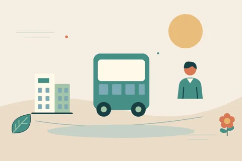 Ilustrasi vektor bus, gedung, orang untuk topik perjalanan