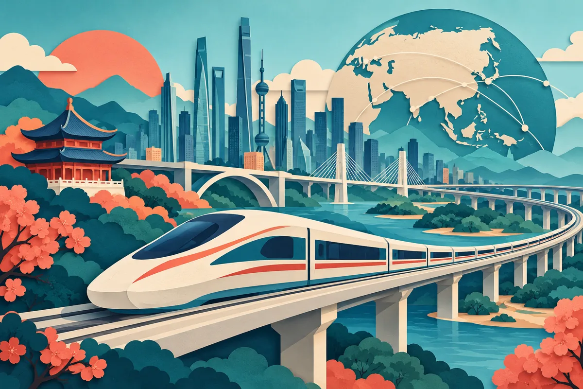 Ilustrasi topik china untuk artikel Perkembangan Transportasi Cepat China: Kereta Cepat, Infrastruktur Modern, Teknologi Transportasi, Dampak Ekonomi, dan Peran China dalam Mewujudkan Mobilitas Cepat dan Efisien di Era Globalisasi