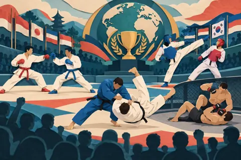 Ilustrasi topik pertandingan untuk artikel Pertandingan Bela Diri Internasional 2025: Hasil, Sorotan Atlet, Teknik Juara, Strategi Pertahanan dan Serangan, Turnamen Karate, Taekwondo, Judo, MMA, dan Dampak Kemenangan terhadap Klasemen Global