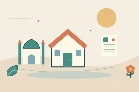 Ilustrasi vektor rumah, masjid, dokumen untuk topik perumahan