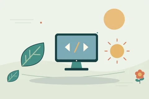 Ilustrasi vektor komputer, daun, matahari untuk topik elektronik