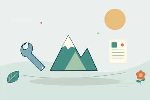 Ilustrasi vektor gunung, alat, dokumen untuk topik tambang