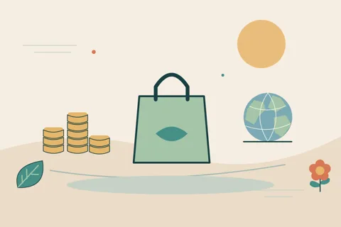 Ilustrasi vektor tas, koin, bumi untuk topik tingkat