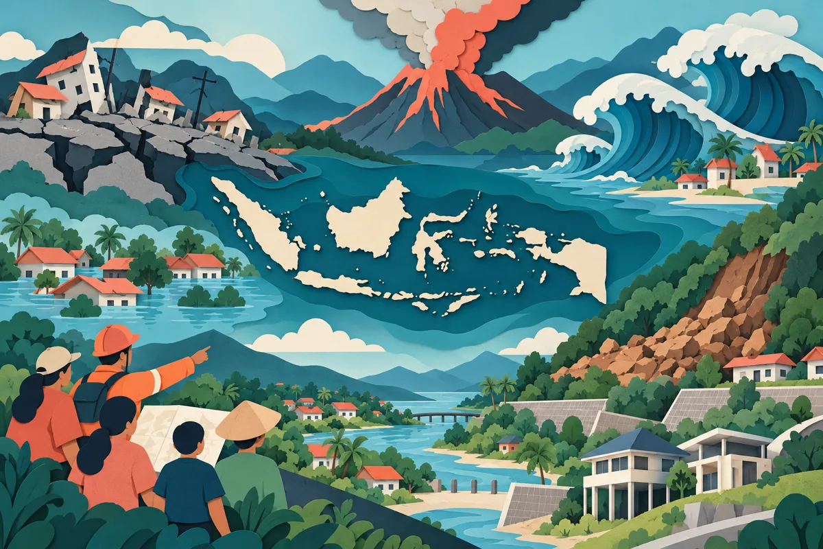 Ilustrasi topik wilayah untuk artikel Wilayah Rawan Bencana Alam di Indonesia: Analisis Daerah Rawan Gempa, Tsunami, Gunung Berapi, Banjir, dan Longsor serta Strategi Mitigasi, Penanggulangan, dan Pembangunan Berkelanjutan untuk Masyarakat