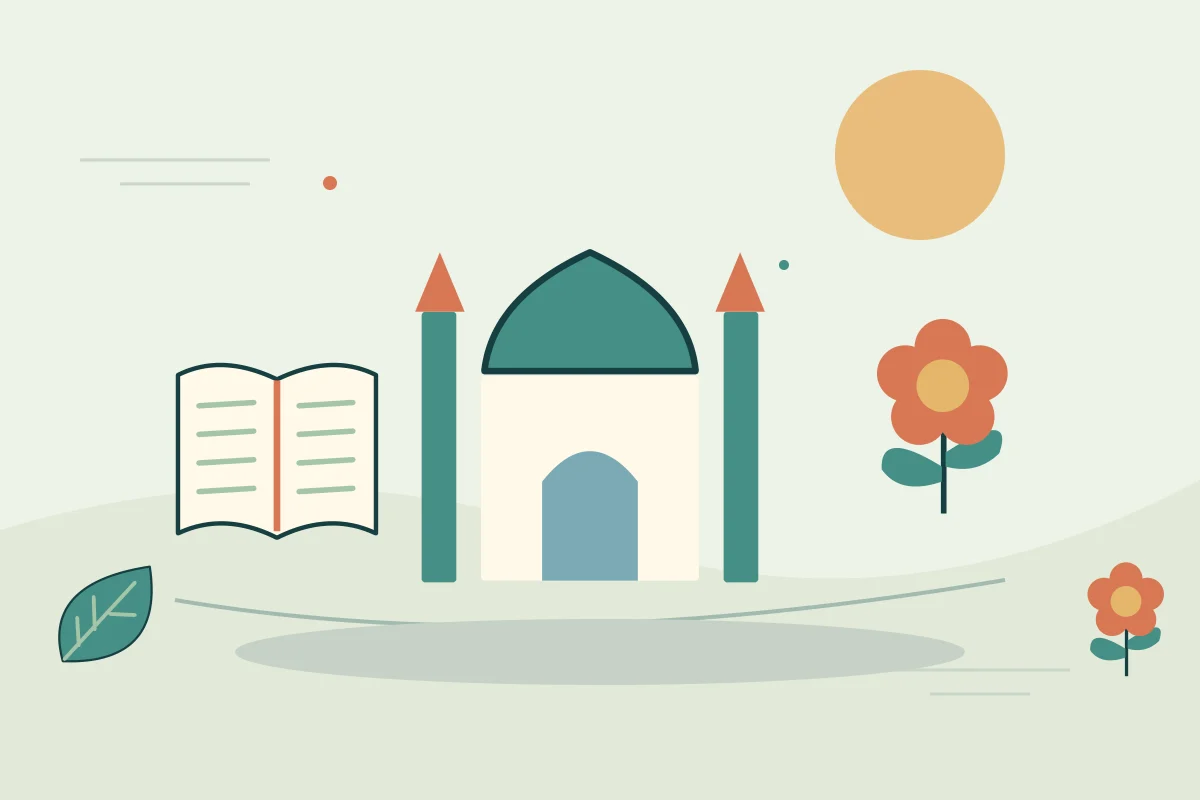 Ilustrasi vektor masjid, buku, bunga untuk topik pariwisata